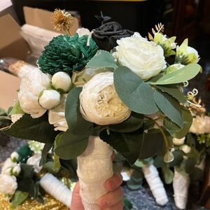 Silk White and Green Bridal Bouquet - emerald green, black, gold, white each